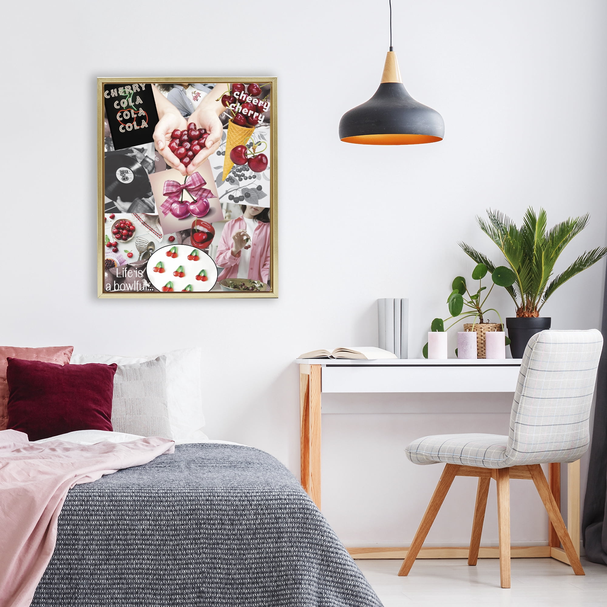 Stupell Industries Retro Cherry Mood Board Gold Framed Floater Canvas Wall Art, design by Grotto Studios