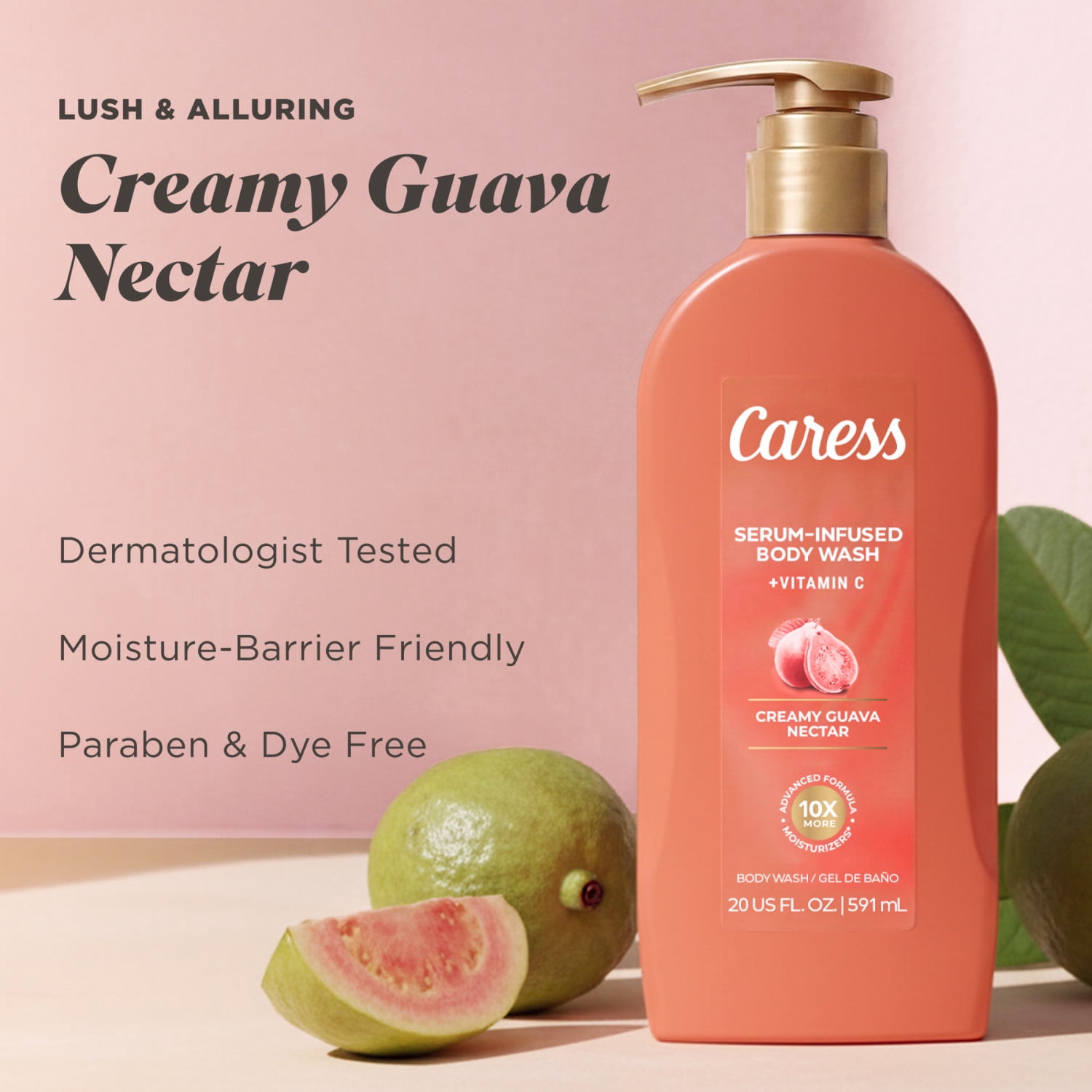 Caress Creamy Guava Nectar Body Wash, Serum-Infused Moisturizing Wash, Long-Lasting Fragrance, 20 oz