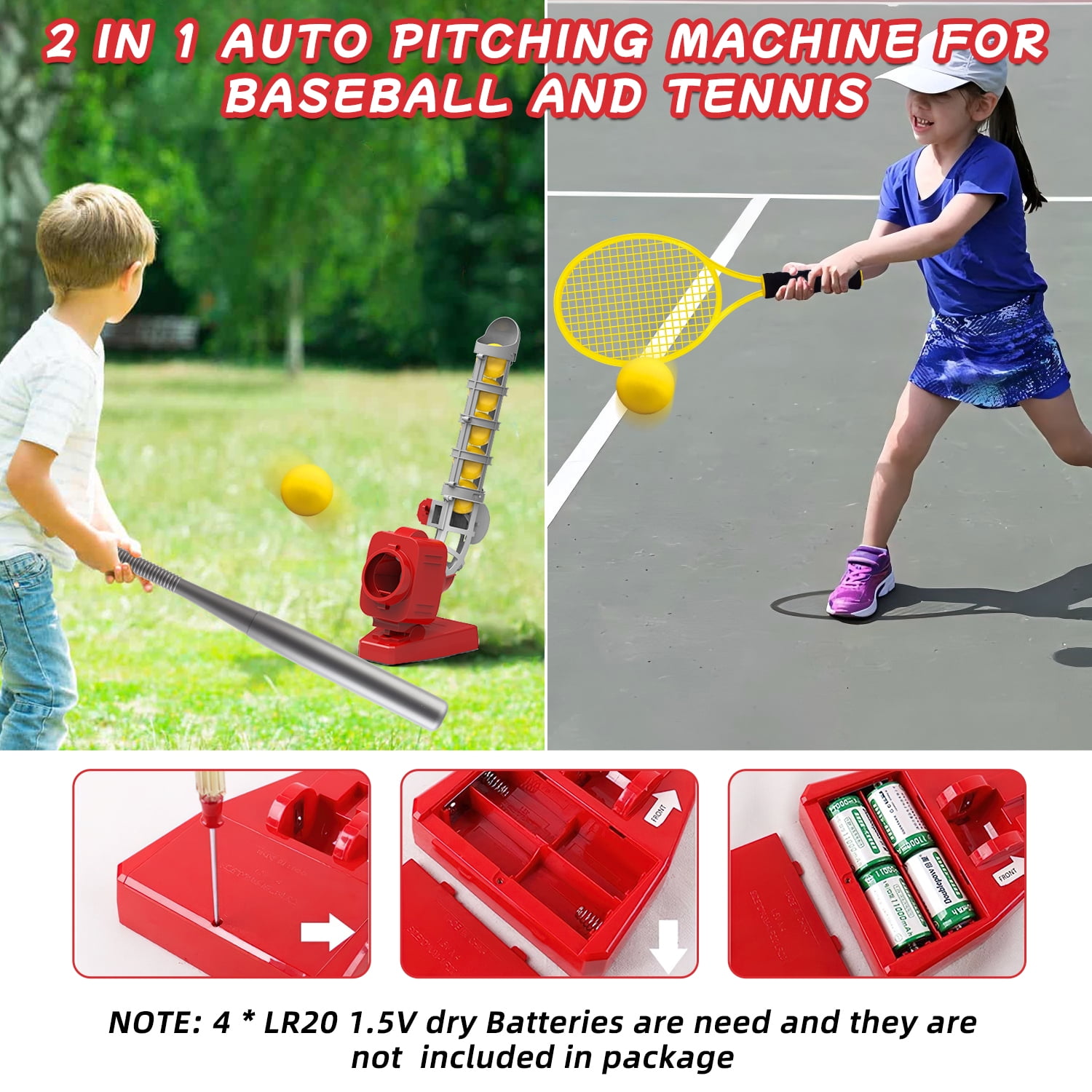 Kids Auto Baseball Pitching Machine, 2 in 1 Adjustable Angles Electronic Baseball Tennis Training Equipment & Batting Practice Toys for Youth, Outdoor Sports Toys Backyard Game