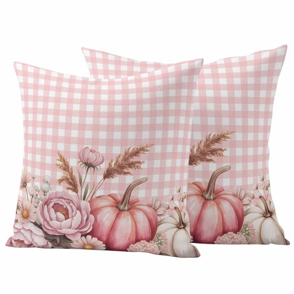 Pink Pumpkin Fall Outdoor Waterproof Pillow Covers, Plaid Thanksgiving Botanical Floral Checkered Decorative Square Throw Pillowcase Sofa Cushion Sham for Patio/Couch/Chair, 16"x16" 2 Pack