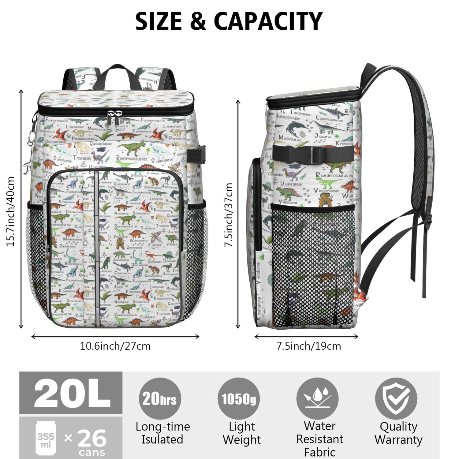Travel Cooler Bag - White Dinosaurs Names Species Pattern Camping Beer Cooler Backpack with Bottle Opener- Waterproof Insulated Picnic Backpacks - Cooler Bag for Beach