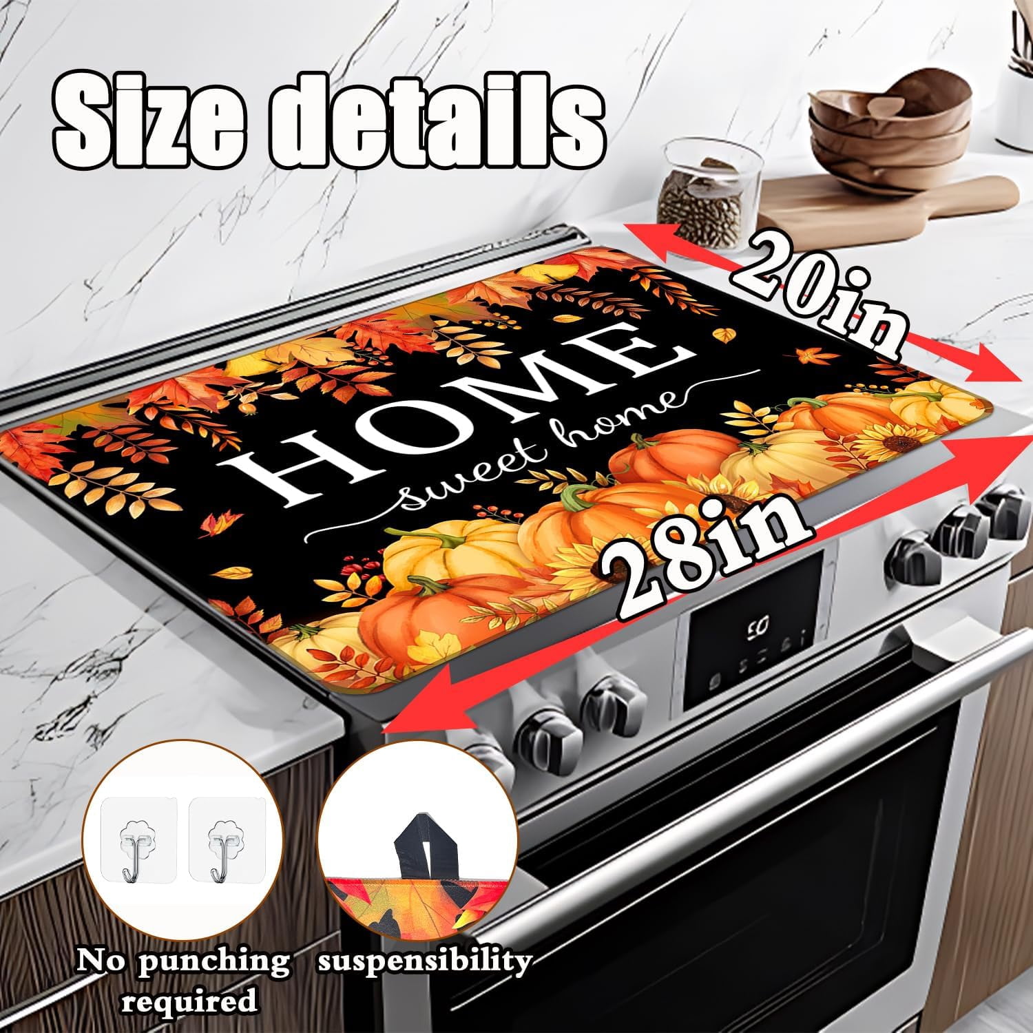 Fall Pumpkin Stove Cover For Electric Stove, 20x28 Glass Stove Top Mat Thanksgiving Heat Resist Electric Gas Range Mat Sweet Home Decor Glass Top Protector Black Kitchen Cooktop Pad