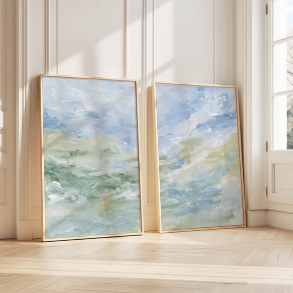 Light Blue Abstract Landscape Pastel Wall Art Sage Green Coastal Set 2 Unframed Paper Print 8x12