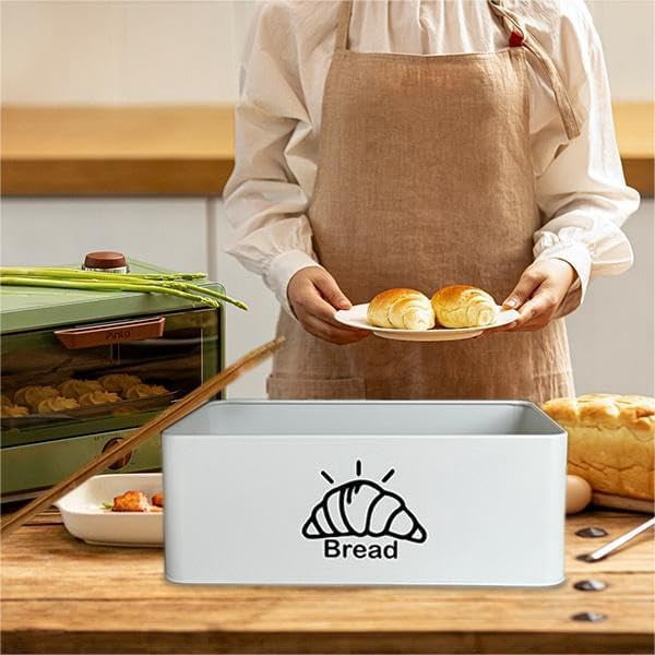 White Metal Bread Box with Bamboo Cutting Board Lid, Large Capacity Storage Organizer for Kitchen Countertop Home Use