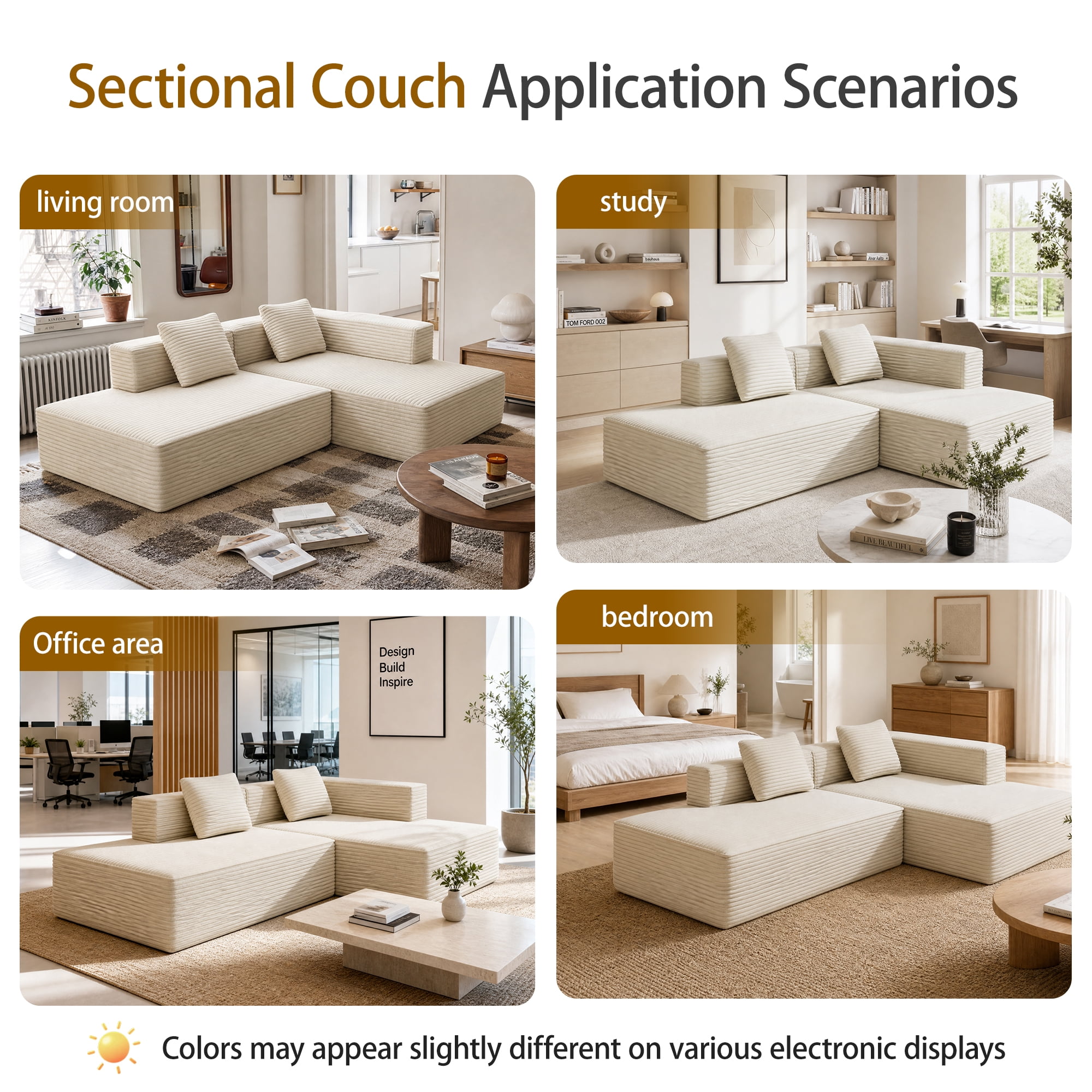 Meeyar 91" Boneless Modular Sectional Sofa with L Shaped Chaise, Cloud Couch for Living Room, Beige