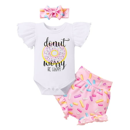 

IBTOM CASTLE Newborn Baby Girls Clothes Ruffles Sleeve Romper + Fruit Floral Bottoms Shorts + Headband 3PCS Summer Birthday Outfits 6-9 Months Donut