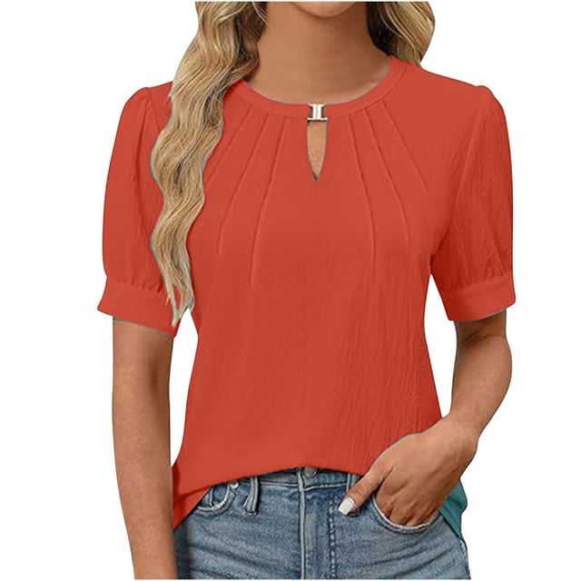 Besolor T-Shirts Tuniques Décontractés pour Femmes à Col Rond, Manches Courtes, Plissés, Blouses Basiques Amples Unies, Vêtements Mode 2024