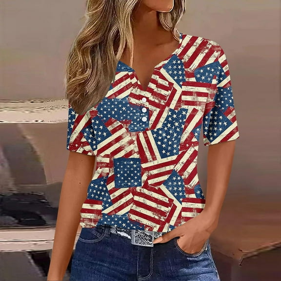 VKOYWKM 4th of July Short Sleeve Shirts for Women T Shirts American Flag USA Flag Graphic Tees Tops Patriotic V Neck Red White and Blue T-Shirts