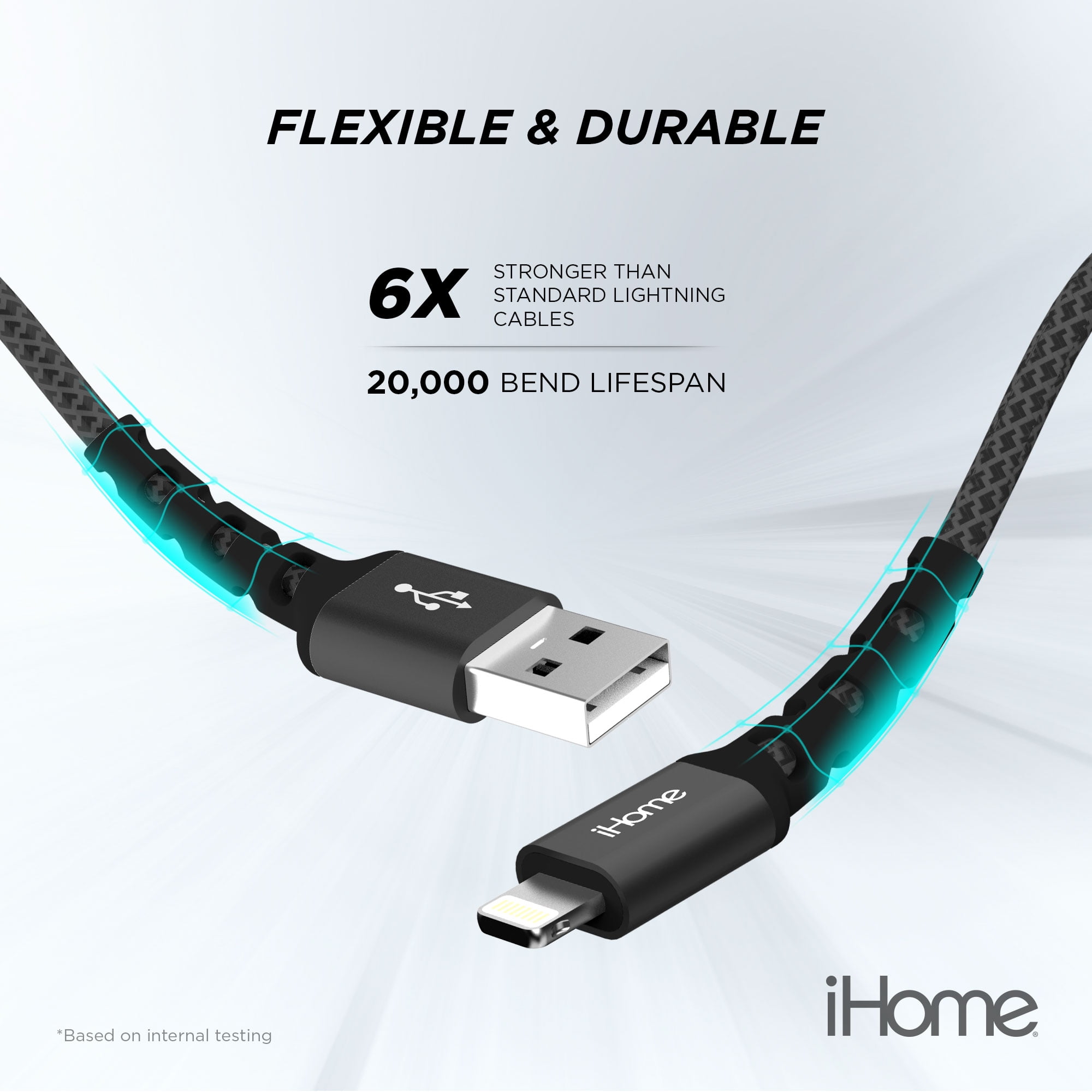 iHome Fabric Braided Lightning to USB Cable, White, 6'