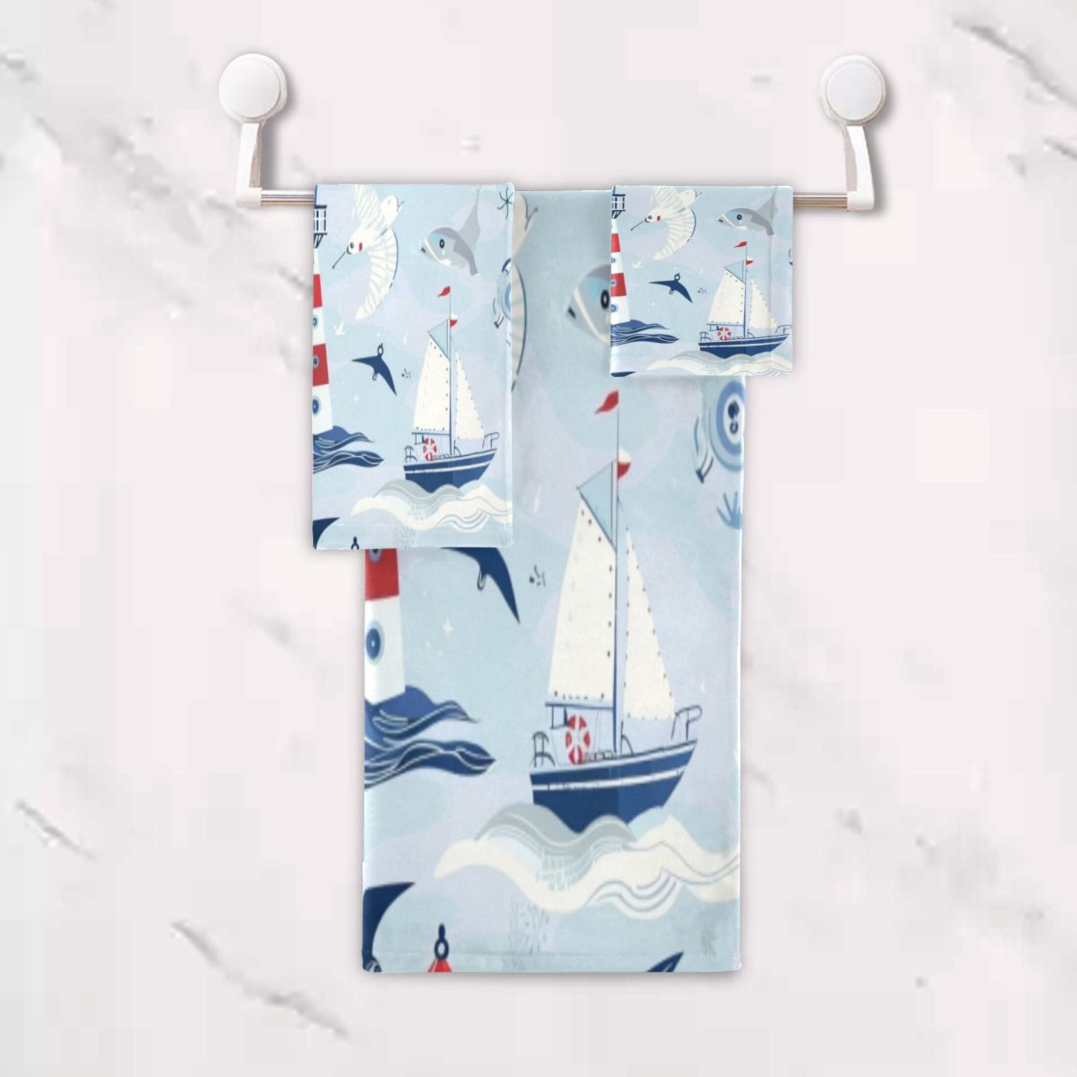 Three-Piece Towel Set Face Towel Towel Set Hand Towel Bath Towel Cotton Bath Towels Bath Towel Sets Hand Bath Towels Cartoon Red Lighthouse