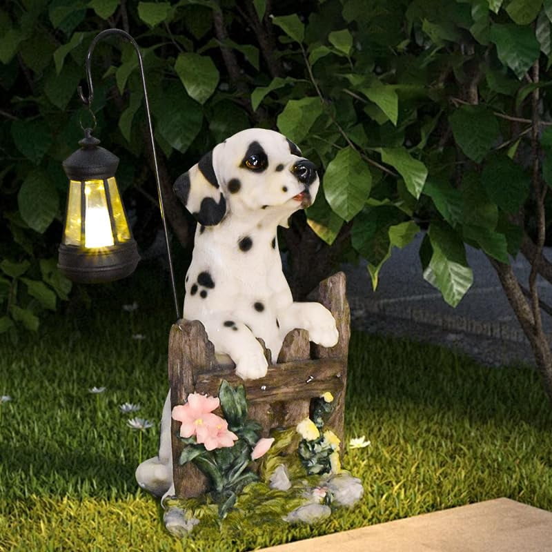 Garden Dog Statues Outdoor Decorations, Solar Lights Outdoor Puppy Statue, Outdoor Animal Statues with Solar Lantern for Patio, Lawn, Yard Art Decoration, Housewarming Garden Gift