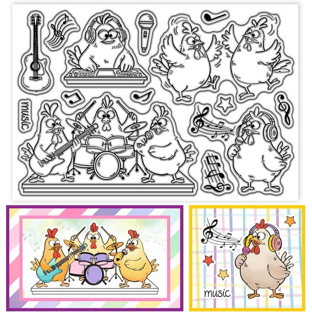 Sellos transparentes de silicona con diseño de pollo divertido, dibujos animados de pollo tierno, sellos transparentes con diseño musical.