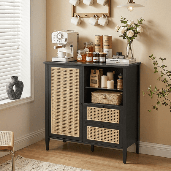 VASAGLE Modern Rattan Sideboard Buffet Cabinet, Boho Kitchen Buffet Table Console Cabinets with with DrawersStorage Cabinet with Adjustable Shelves, Black