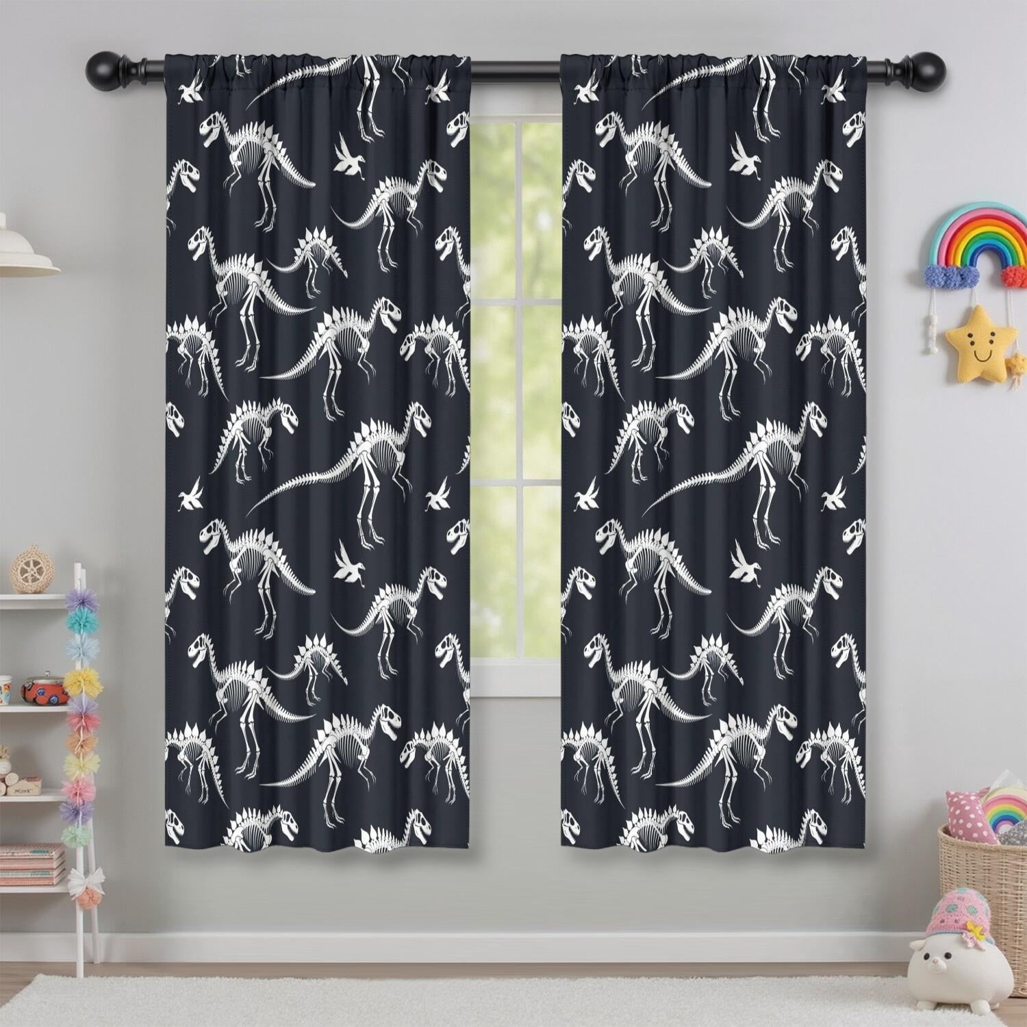 Blackout Kids Curtains,Black Cartoon Dinosaurs Skeletons Pattern Childrens Insulated Curtains Set Of 2,Bedroom Essentials,Toddler Room Decor 42"x63"