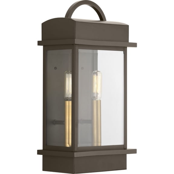 Progress Lighting Santee 2-Light Wall Lantern in Antique Bronze with Beveled Glass Shade