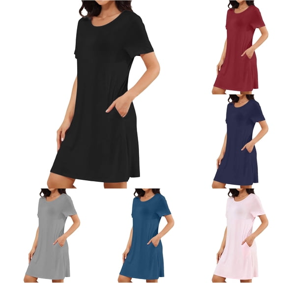 Wxolcjlv Solid Print Nightgown for Womens Short Sleeve Crew Neck Sleep Dress Night Suit