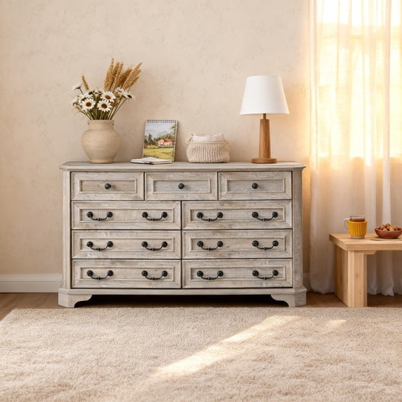 OKD Farmhouse 9-DRAWER DRESSERS for Bedroom/Living Room,Chest of Drawers with Vintage Metal Handle,Exquisite Engineered Wooden Dresser,Light Rustic Oak