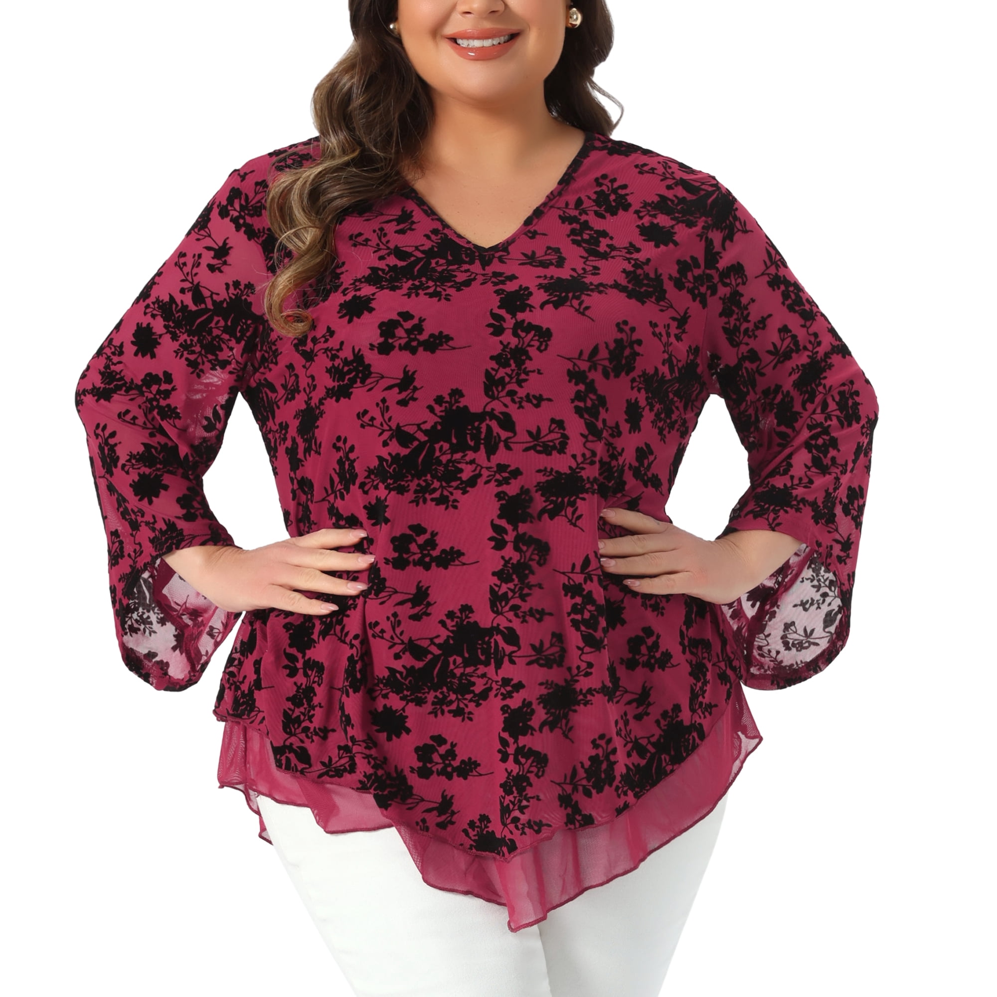 DARING DIVA Women's Plus Women's Dressy Blouse V Neck Mesh Flowy Work Shirts 2X Burgundy
