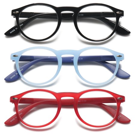 MAGIMODAC Round Reading Glasses Womens Mens Spring Hinge Lightweight Classic Retro Readers Eyeglasses 0.0 1.0 1.5 2.0 2.5 3.0 3.5 Black+blue+red, +1.5