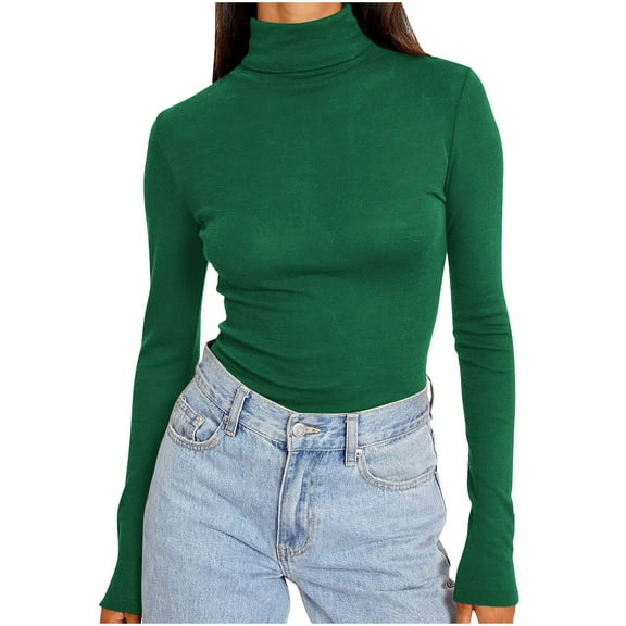 Hxshgdsn Womens Turtleneck Sweater Slim Fit Long Sleeve Basic Pullover Tops Casual Warm Underwear W：Green M