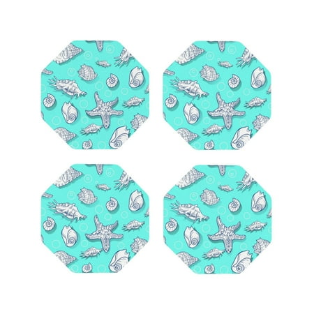 

Tebeau Seashell And Starfish Print Set of 4 Leather Drink Coasters Round Cup Mat Pad for Home and Kitchen Use 4 -Octagon