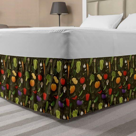 Farming Bed Skirt, Healthy Harvesting Carrots Mushroom Lettuce Pumpkin Eggplants Cabbage, Elastic Bedskirt Dust Ruffle Wrap Around for Bedding Decor, 4 Sizes, Green Brown Multicolor, by Ambesonne