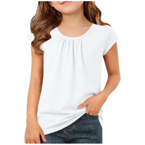 Camiseta Plegada de Color Sólido Estilo de Vestido de Verano de Manga Corta para Niños con Cuello Redondo Y Detalle Encofrado, Punto Suave Transpirable para Niños Primavera Y Uso Diario