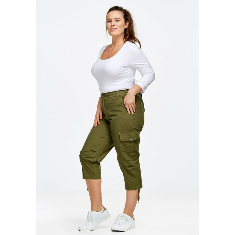 Ellos Women's Plus Size Stretch Cargo Capris Front and Side Pockets Casual  Cropped Pants - 28, Dark Basil Green