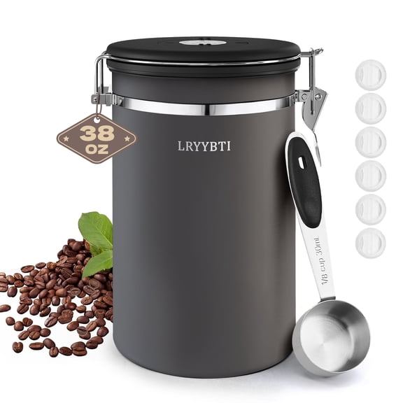 Coffee Canisters with Scoop and Airtight Lid Stainless Steel Kitchen Bean Storage Grounds Container(38OZ/Grey)Date Tracker and Scoop for Grounds Coffee Bar Accessories Beans, Cereal, Sugar