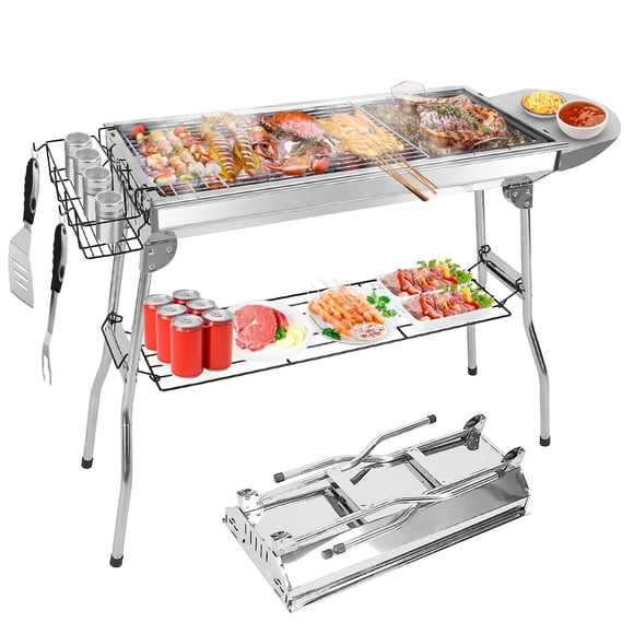TeqHome Barbecue au Charbon Portable, Grand Gril au Charbon Pliable Amélioré avec Tablette en Panneau et Panier de Rangement pour Arômes, Cadre en Acier Inoxydable, pour 8 Personnes, Pique-Nique, Jardin, Terrasse, Camping, Voyage