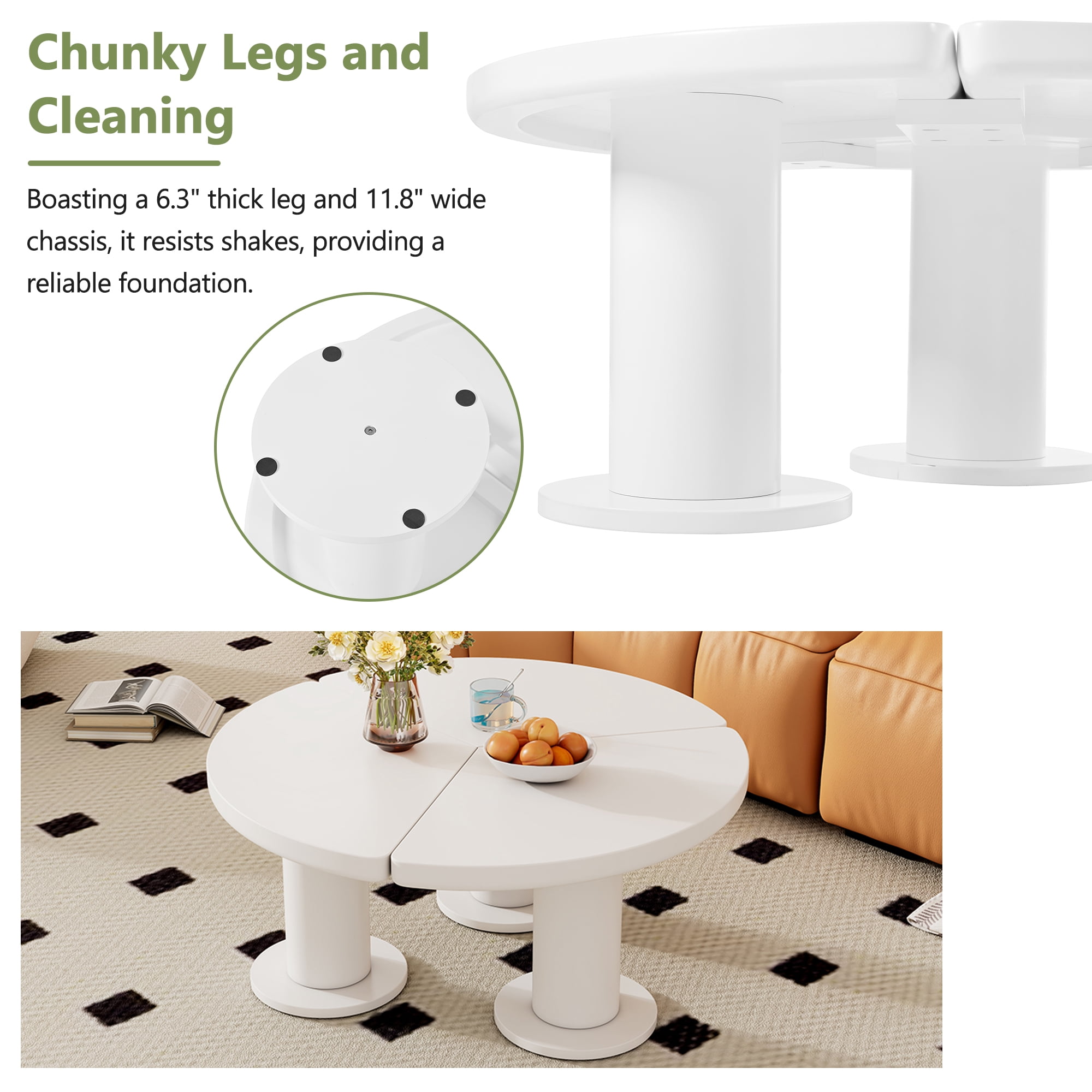 MAYEERTY Φ39.4'' Easy Assembly Round Petal-Shaped Coffee Table, Cream Style Center Table with 3 Thick Legs, Minimalist Irregular End Table with Sleek Round Edges for Living Room, White