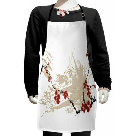 

Flower Kids Apron Illustration of Sakura Flowers on Grunge Background with Soft Pastel Colors Boys Girls Apron Bib with Adjustable Ties for Cooking Baking Painting Beige White Red by Ambesonne