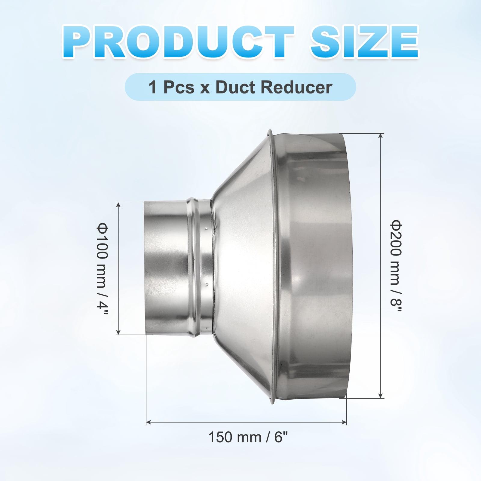 Uxcell Duct Reducer (8" to 4") - 304 Stainless Steel Air Ducting Reducer Increaser Metal HAVC Duct Adapter Stove Pipe Fitting Connector for Exhaust Fan/Blower/AC/Ventilation Systems