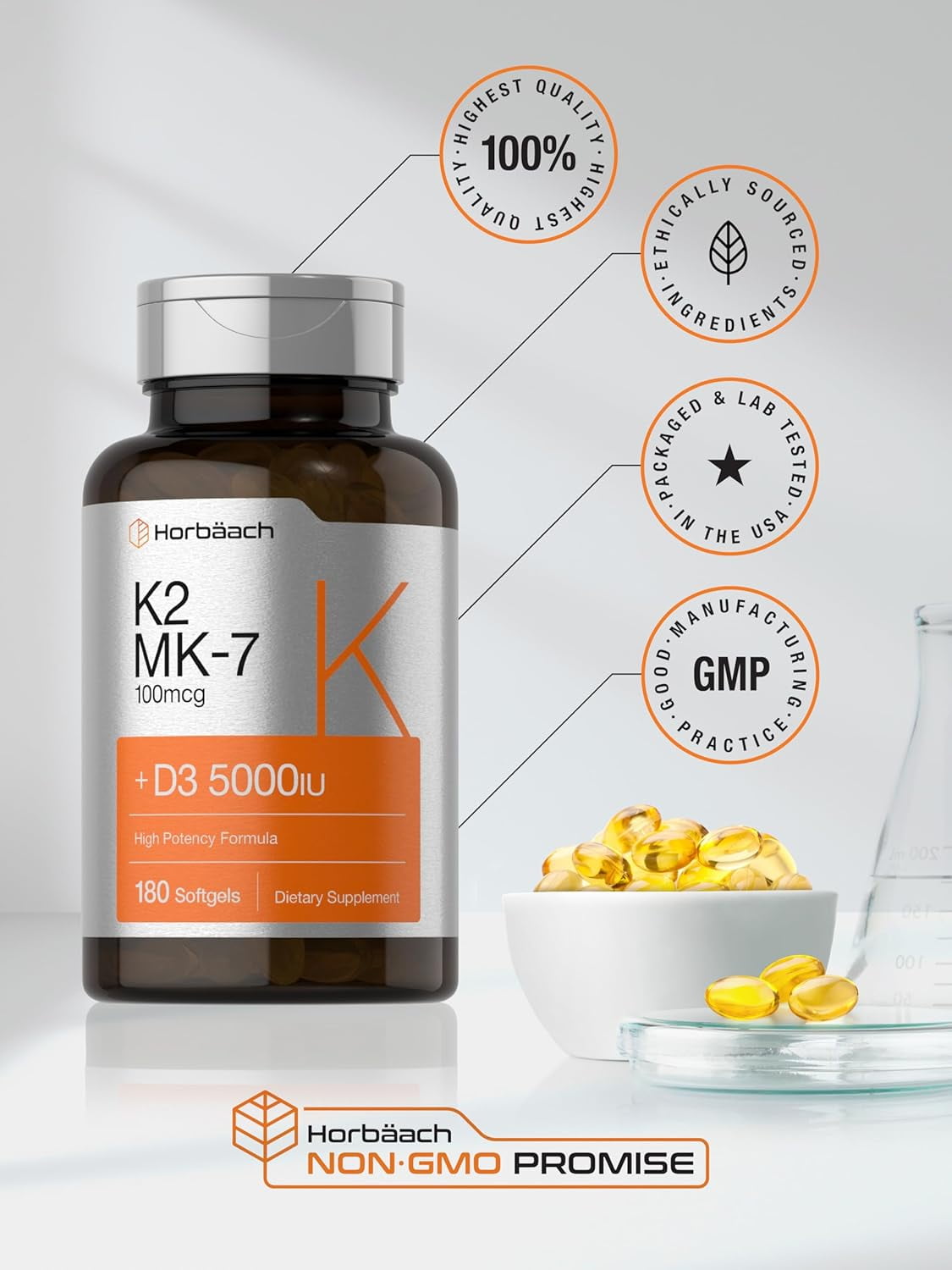 Vitamin K2 Complex with D3 | 180 Softgel Capsules | By Horbaach