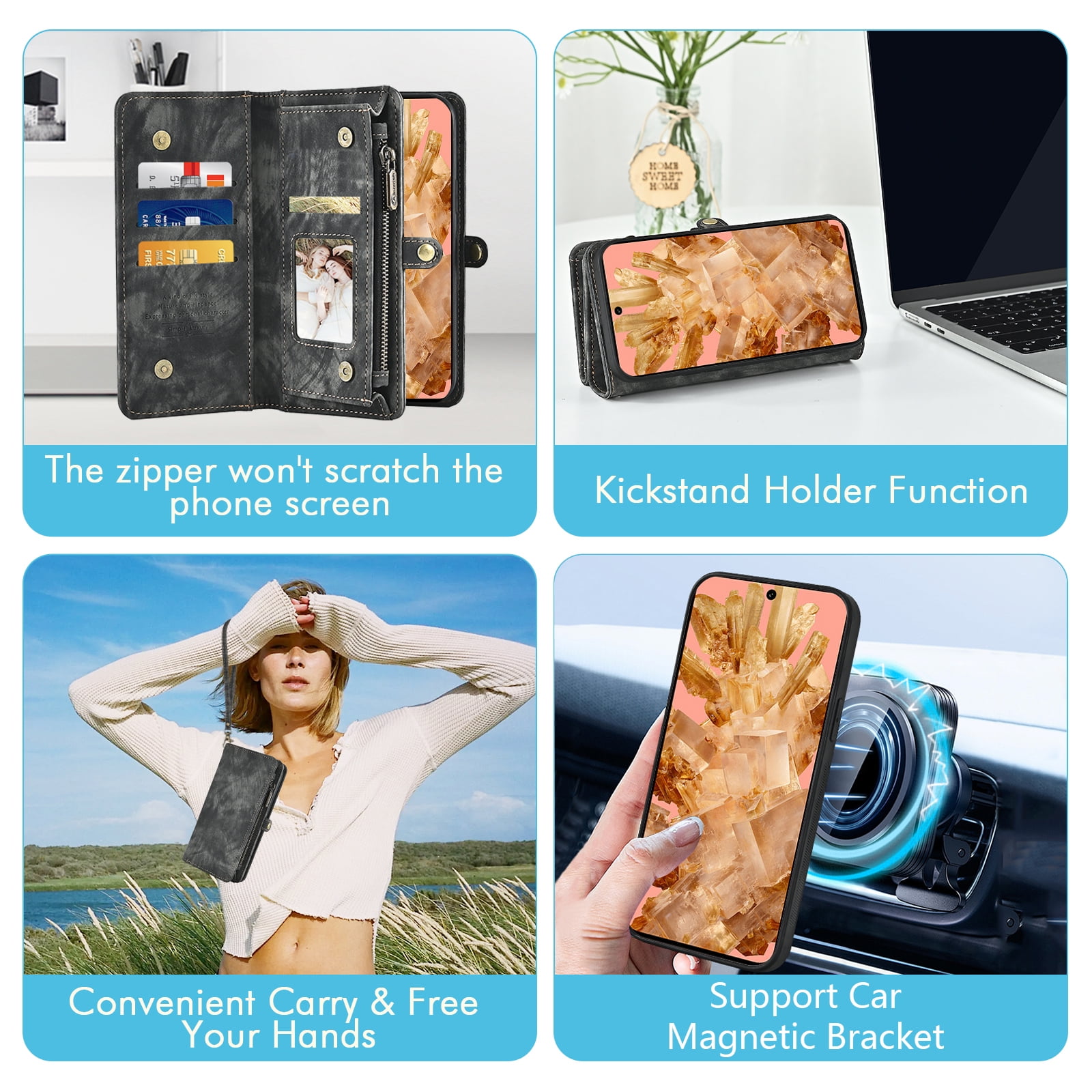 Asuwish Compatible with Google Pixel 8 5G Phone Case Zipper Wallet Detachable Tempered Glass Screen Protector Crossbody Lanyard Strap Flip Card Holder Cell Cover for Pixel8 Eight Women Girls Black
