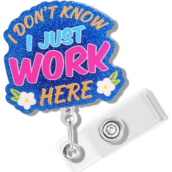 Retractable ID Badge Reel with Swivel Clip - Sparkling Blue Nurse Accessory Lightweight & Durable Badge Holder for Healthcare Professionals, Office Workers, Teachers (I Just Work Here Design)