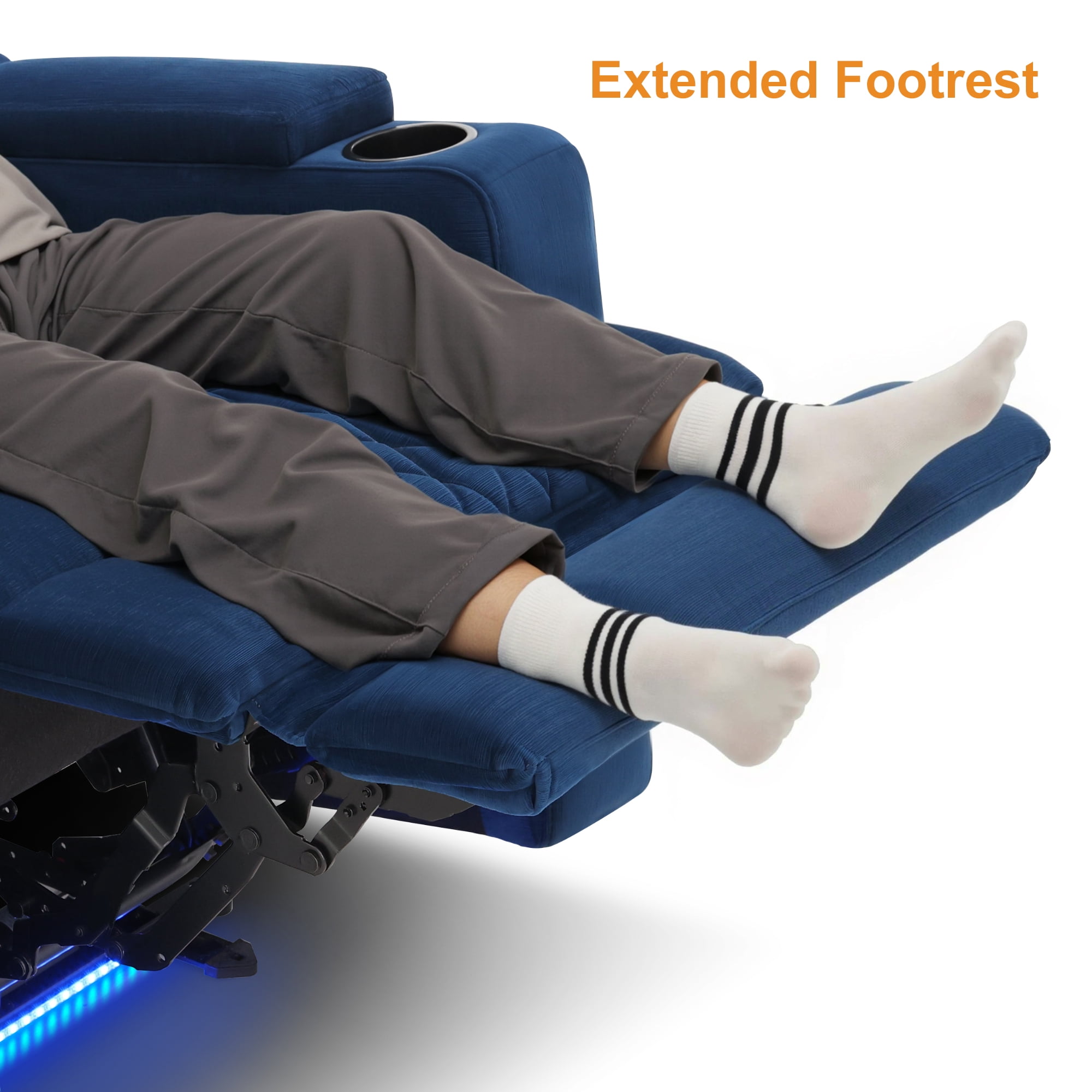 MCombo Power Recliner Chair with Power Headrest, LED Light, Armrest Storage for Living Room & Home Theater, Velvet, Blue