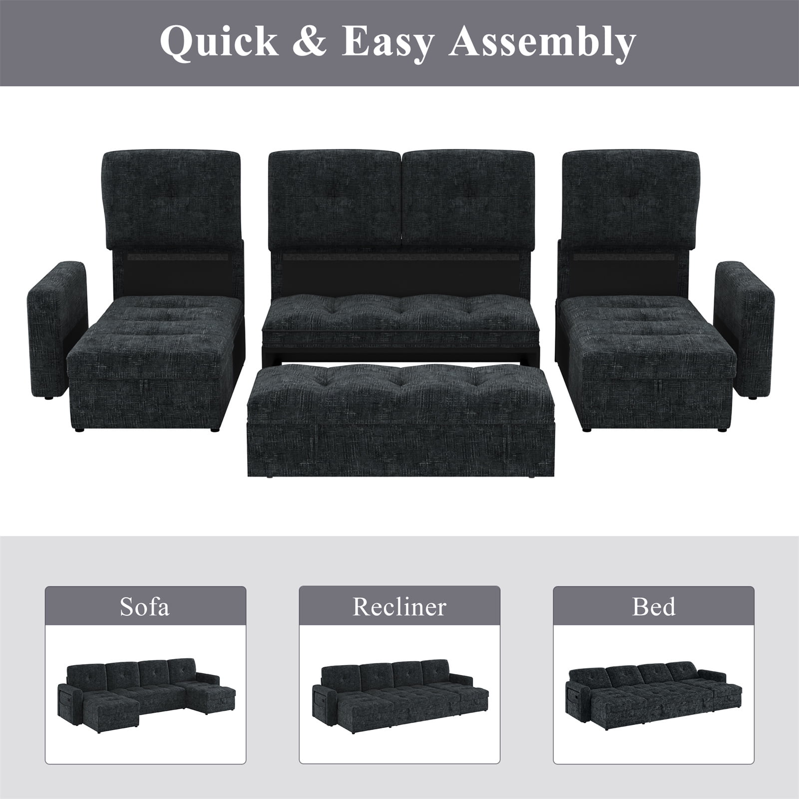 Homfa 107" Sleeper Sofa Bed with Pull Out Couch, Adjustable Backrest Convertible Sofa Bed with Storage Chaise Couch & USB Port, 6 Seat U Shape Sofa Couch with Chaise for Living Room Apartment
