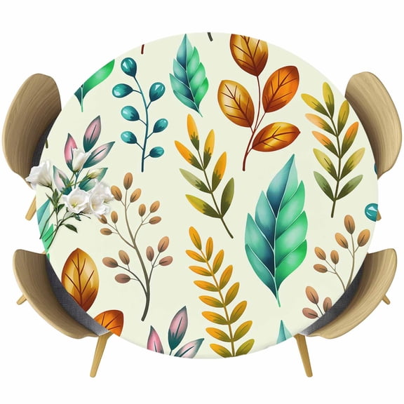 Round Table Cover 55-60 Inch Spring Botanical Waterproof Reusable Table Cloth Round Fitted Vinyl Tablecloth with Elastic Edged for Parties Outdoors, Watercolor Leaves Floral Rustic Cream