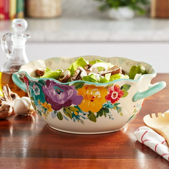 Sweet Romance Blossom Ceramic 9.9-inch Serving Bowl with Handles, Multicolor Floral Design