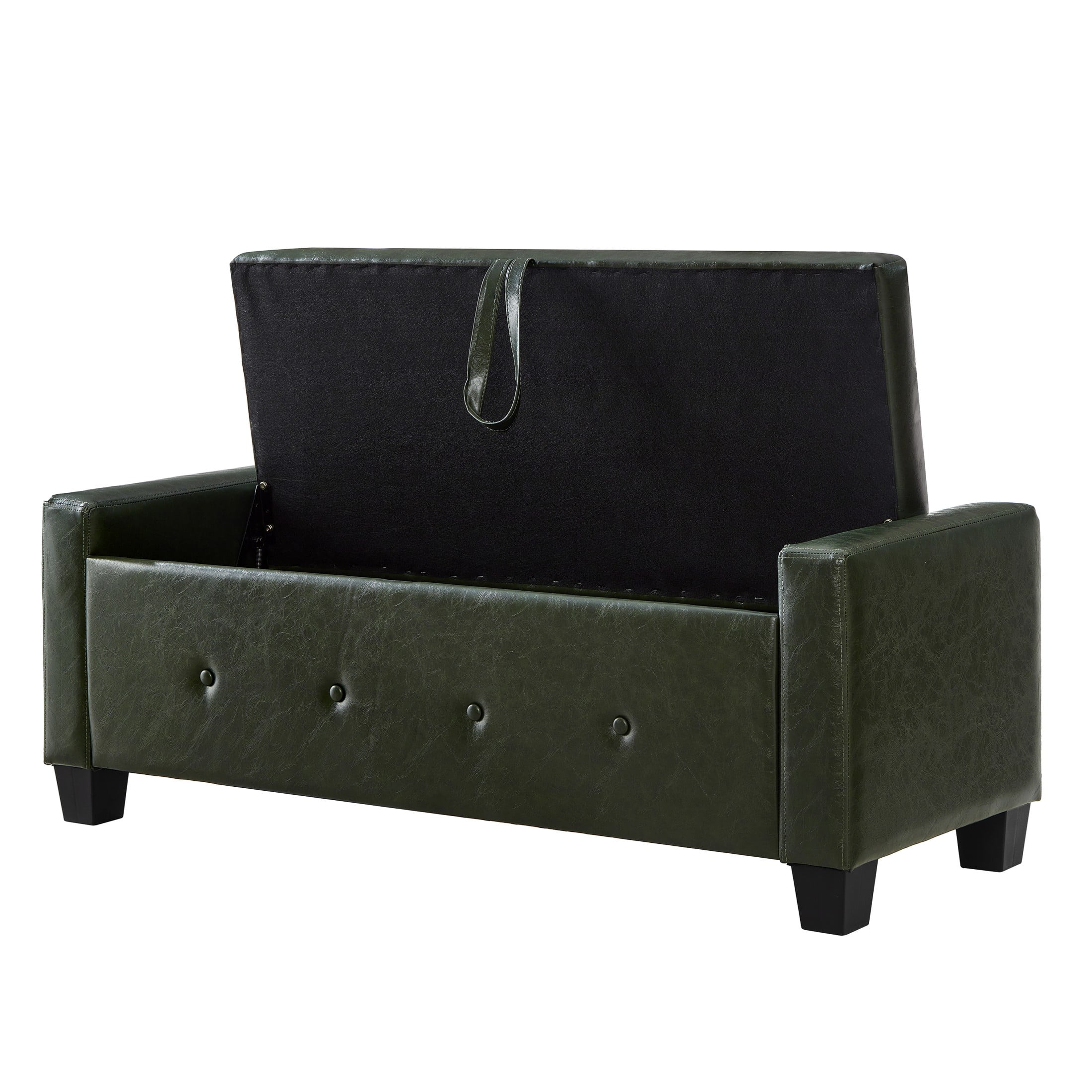 Aukfa 48" Storage Ottoman Bench with Safety Hinges, Upholstered Tufted Faux Leather Bench for Bedroom, Living Room & Entryway, Dark Green