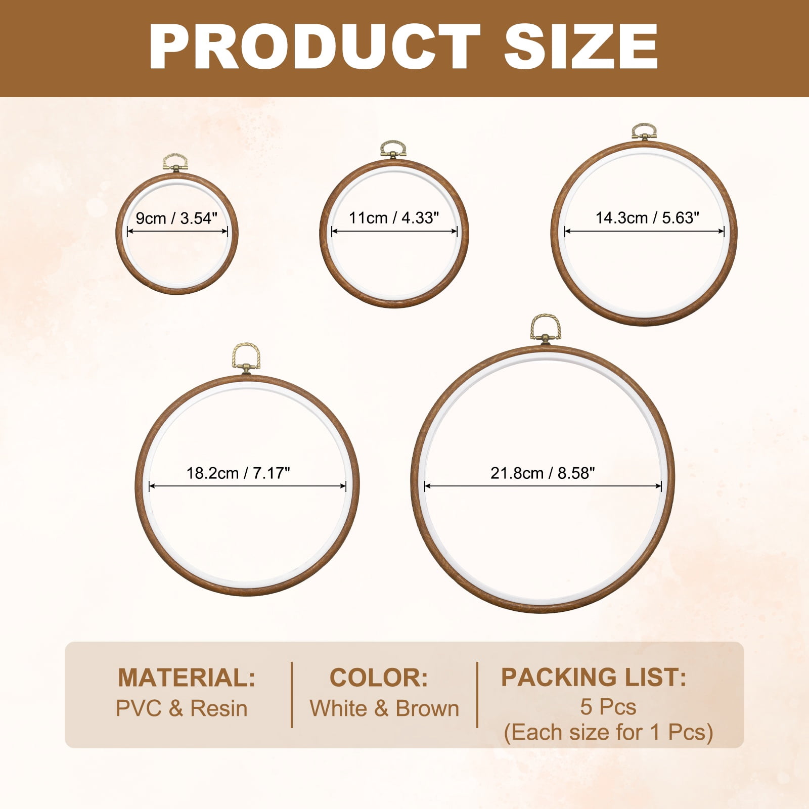 5 Pcs Embroidery Hoop Frame, Imitated Wood Round Cross Stitch Hoops with Metal Ring for Embroidery DIY Craft Sewing Wall Decor (3.94/5.12/6.69/8.27/9.84 Inch White & Brown)