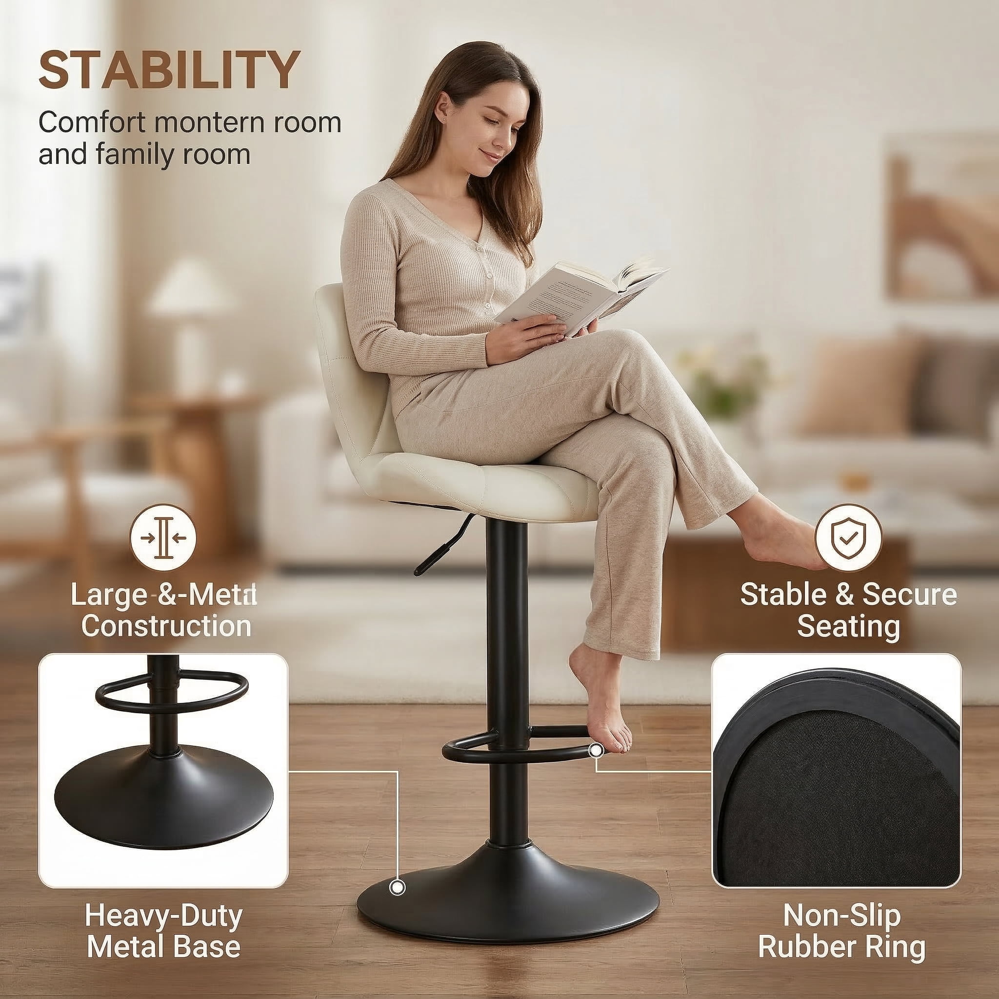 Restworld Solo Classic Adult Low Back Adjustable Seat Height Bar Stools - Set of 4, Beige