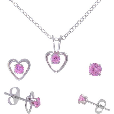 Girls' Round Pink CZ Sterling Silver Pendant, Open Heart Stud Earrings and Plain Stud Earrings Set