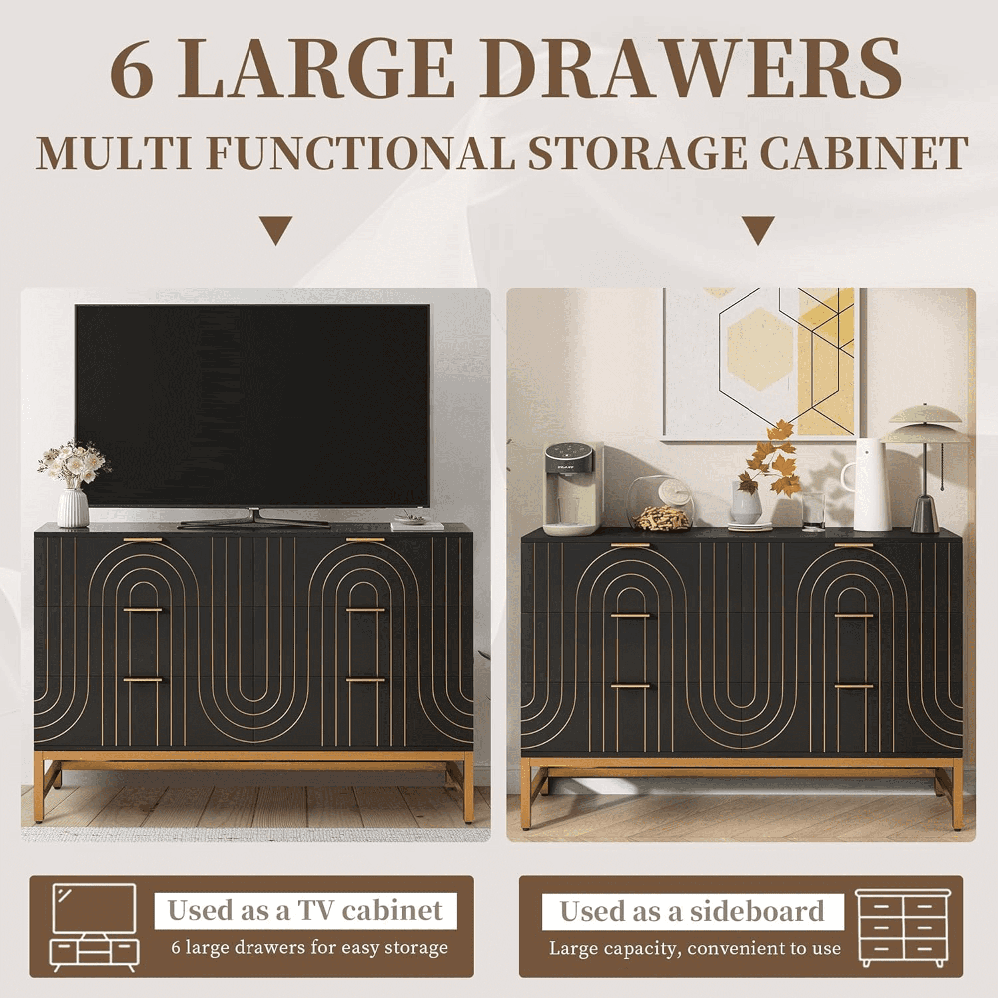 Dresser for Bedroom, Long Dresser with 6 Drawers, Modern Chest of Drawers Storage Cabinet, Dresser Organizer for Living Room Entryway Hallway