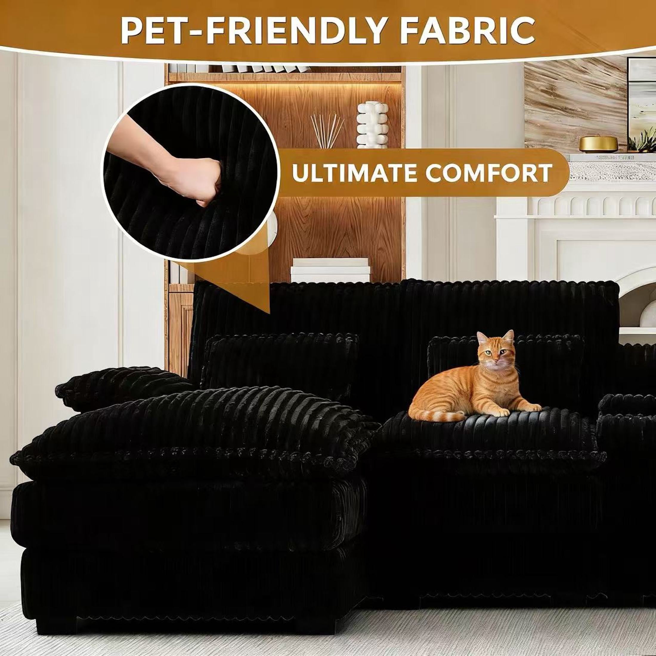 Aisword 124" U Shaped Cloud Couch Sectional with USB Charging, Hidden Storage, Cup Holders & Chenille Double Chaise, Black