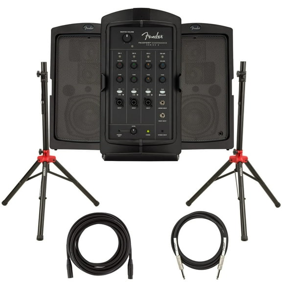 Fender Passport Conference S2 Portable PA System Bundle with Compact Speaker Stands, XLR Cable, and Instrument Cable