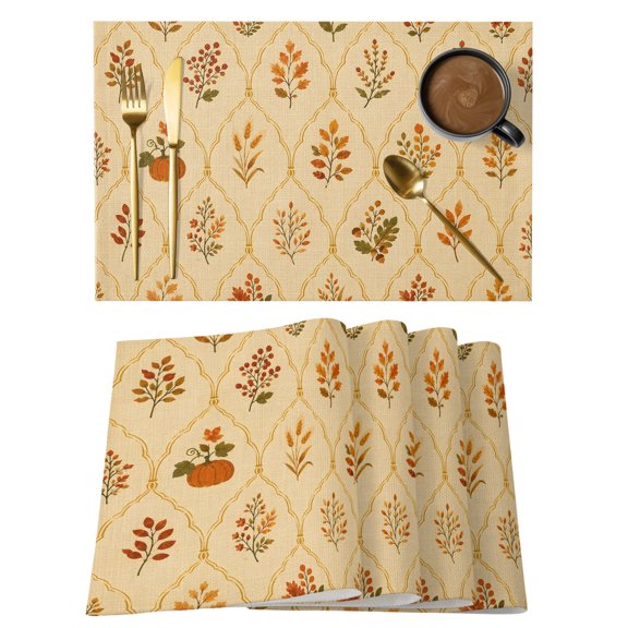 Fall Leaves Rustic Placemats Set of 8 Brown Vintage Farmhouse Pumpkin Place Mats Indoor Wipeable Table Mats Washable Cloth Dining Table Placemats for Kitchen Holiday Party Home Decor 13x19 Inch