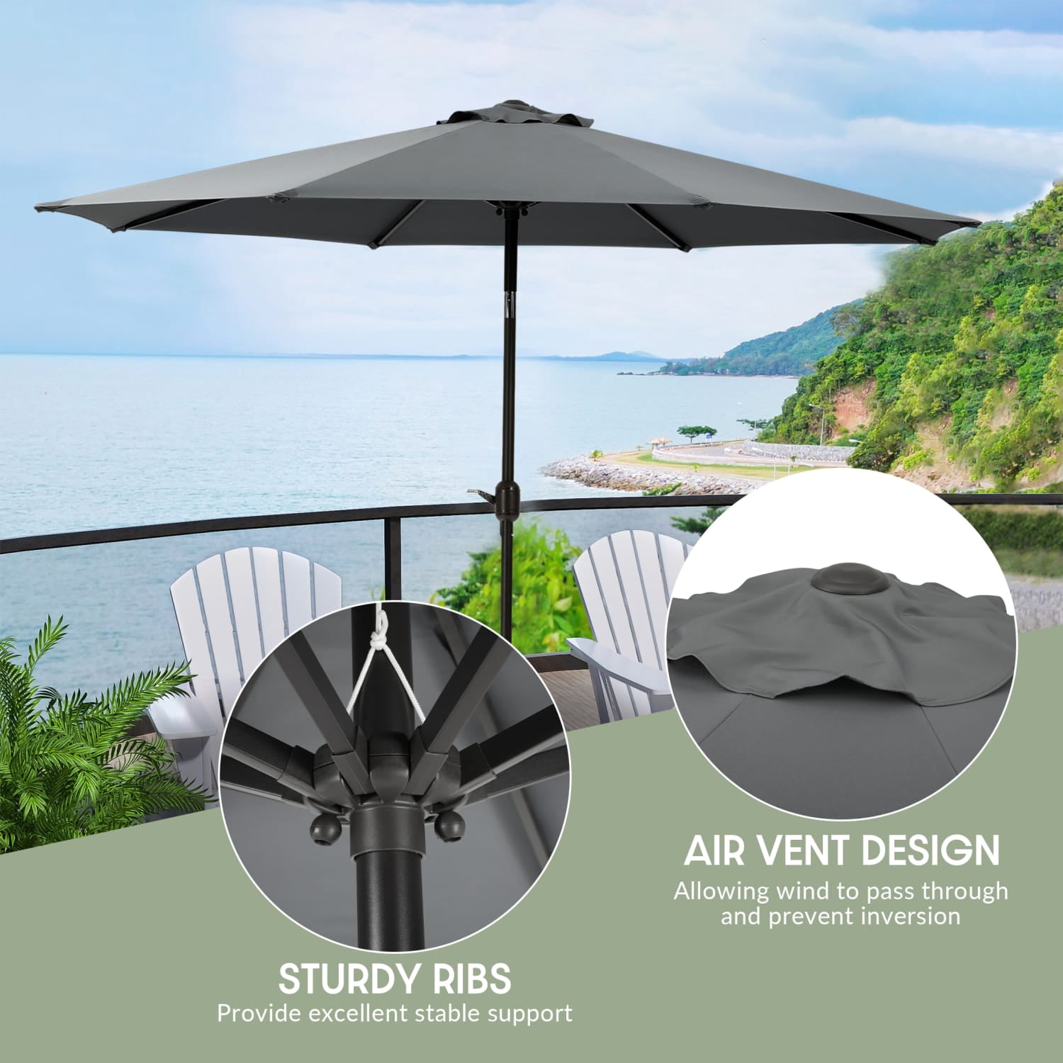 WestinTrends Paolo 9 Ft Outdoor Umbrella, Patio Shade Market Table Umbrella with Push Button Tilt and Easy Open Crank, Gray