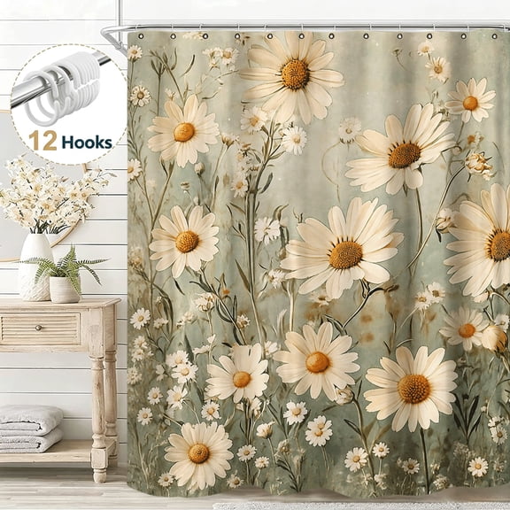 Watercolor Flower Fabric Farmhouse Daisy Shower Curtain, Stunning Elegant Floral Shower Curtain Set for Bathroom, Waterproof Cloth Fabric with Hooks Bathroom Shower Curtain, 36*72in